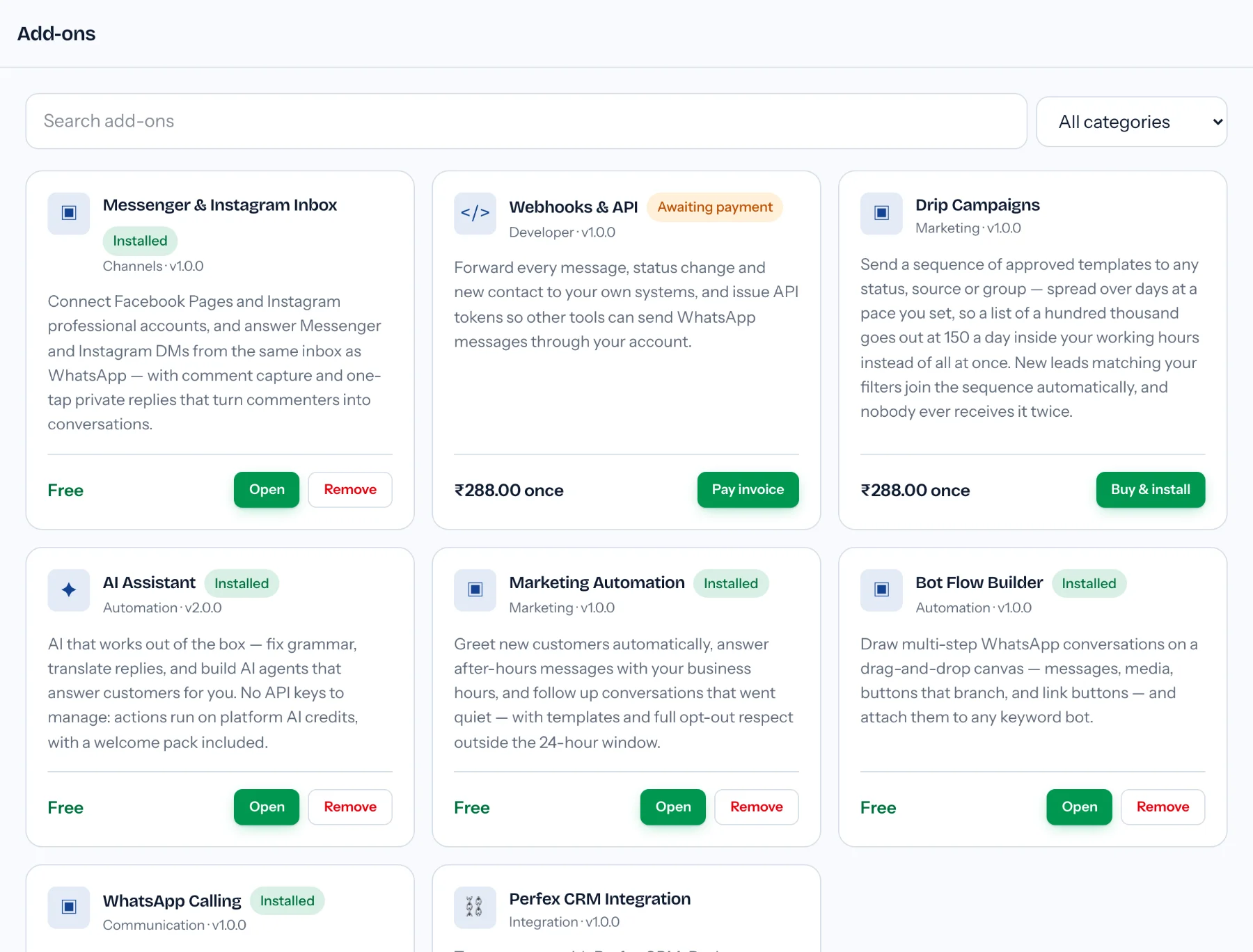 Add-ons grid in the demo workspace where the Webhooks & API card shows an amber Awaiting payment badge and a green Pay invoice button, beside a Drip Campaigns card priced once with a green Buy & install button, among installed add-ons offering Open