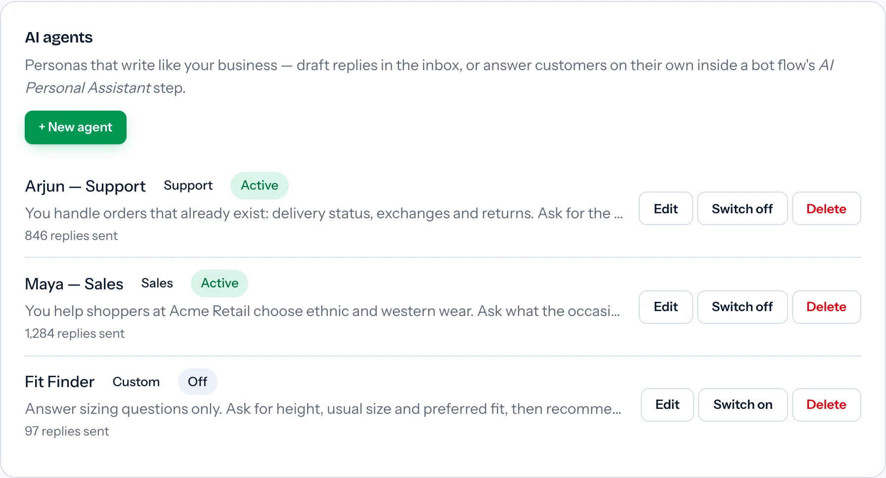 Three demo AI agents, two active and one switched off, each listing its role, the start of its instructions, how many replies it has sent, and Edit, Switch and Delete buttons.