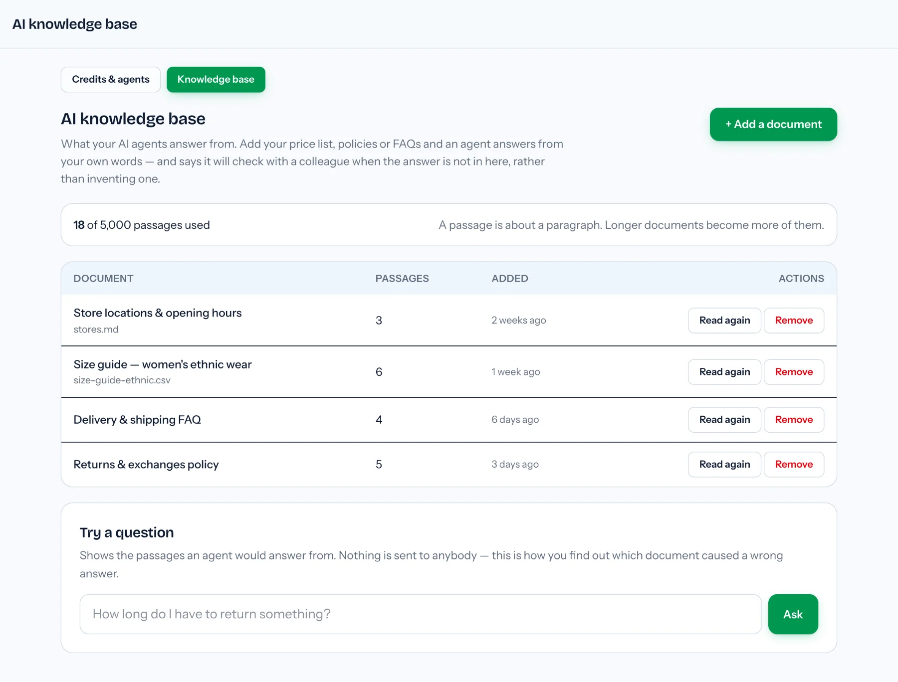 The demo knowledge base with 18 of 5,000 passages used and four documents, among them a store list, a size guide CSV and a returns policy, each with Read again and Remove, above a Try a question box.