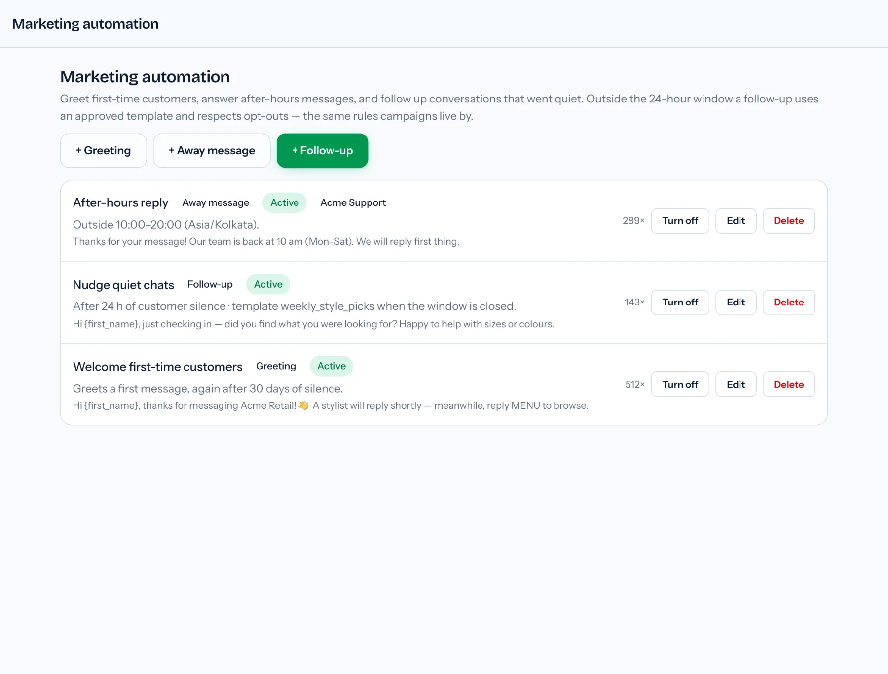 Three automation rules listed with their trigger, timing and run counts: an after-hours away message, a follow-up that sends a template once the window has closed, and a first-contact greeting