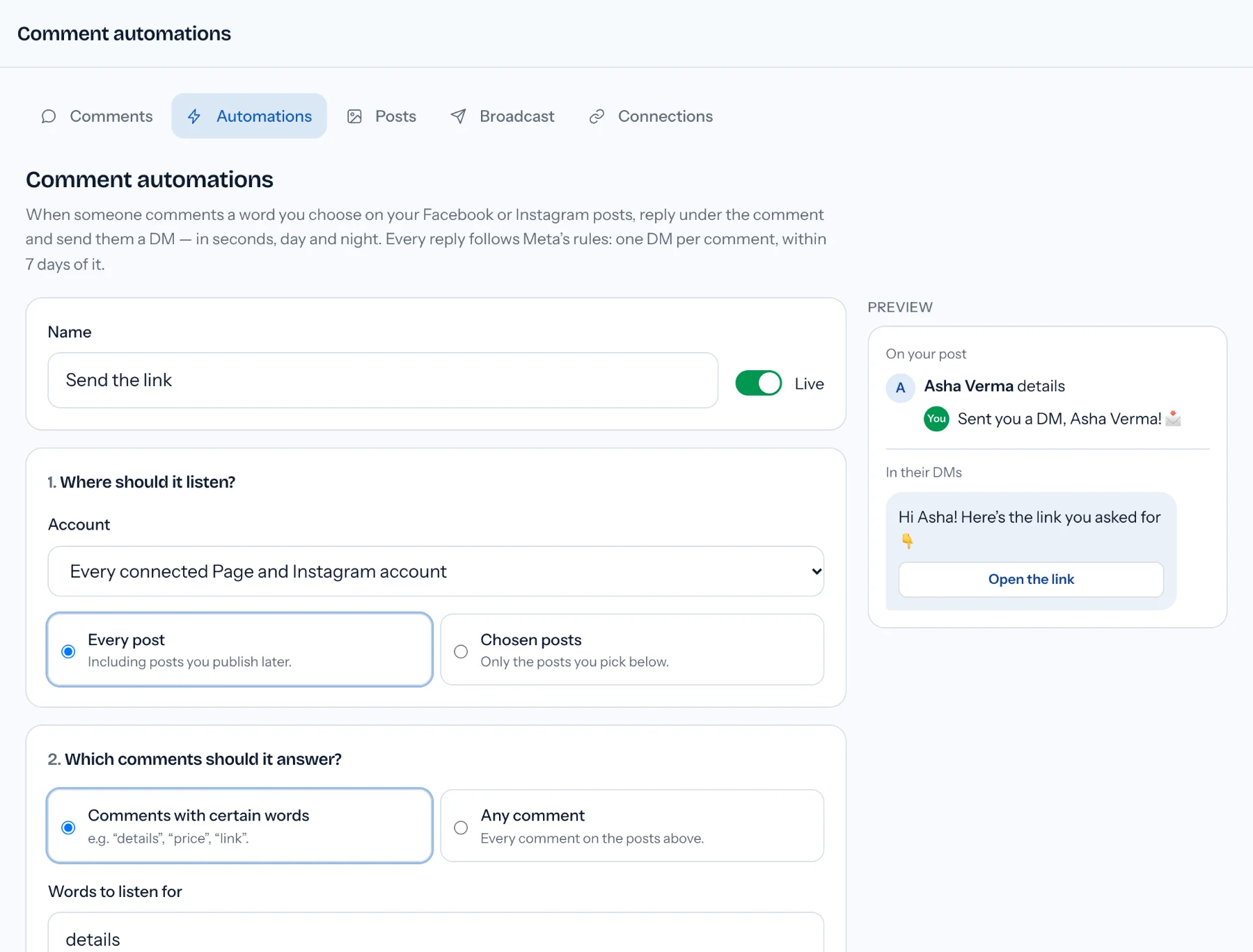 Comment automation builder with a rule listening for the word details on every post, beside a preview of the public reply and the DM with an Open the link button