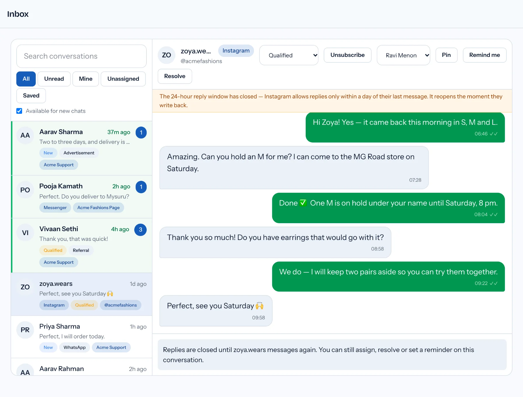 An Instagram conversation with zoya.wears in the demo workspace's shared inbox, carrying an Instagram badge and an amber notice that the 24-hour reply window has closed, next to a list of WhatsApp, Messenger and Instagram threads with channel chips