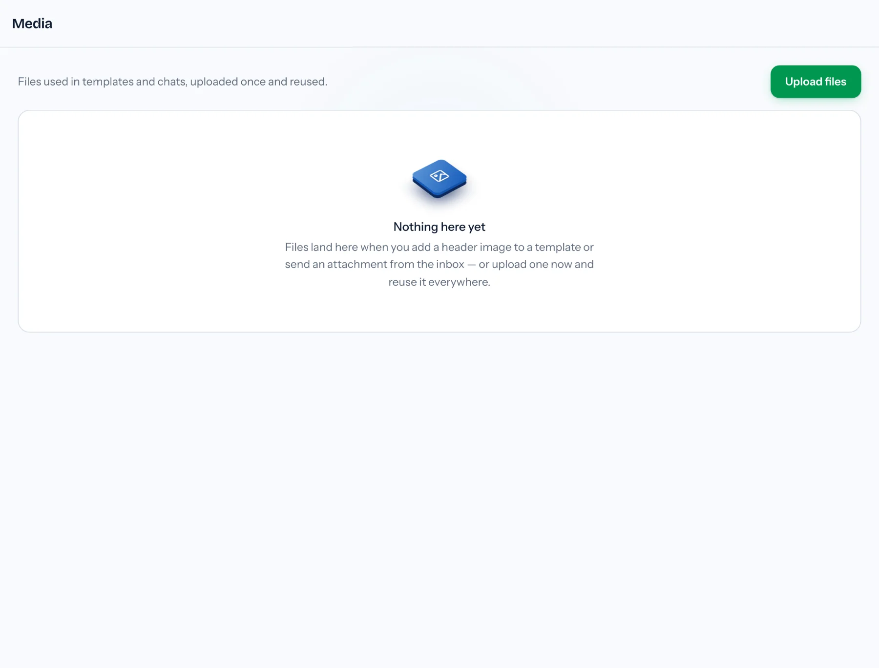 Empty media library in the demo workspace, with an Upload files action and a note that files land here from template headers and inbox attachments