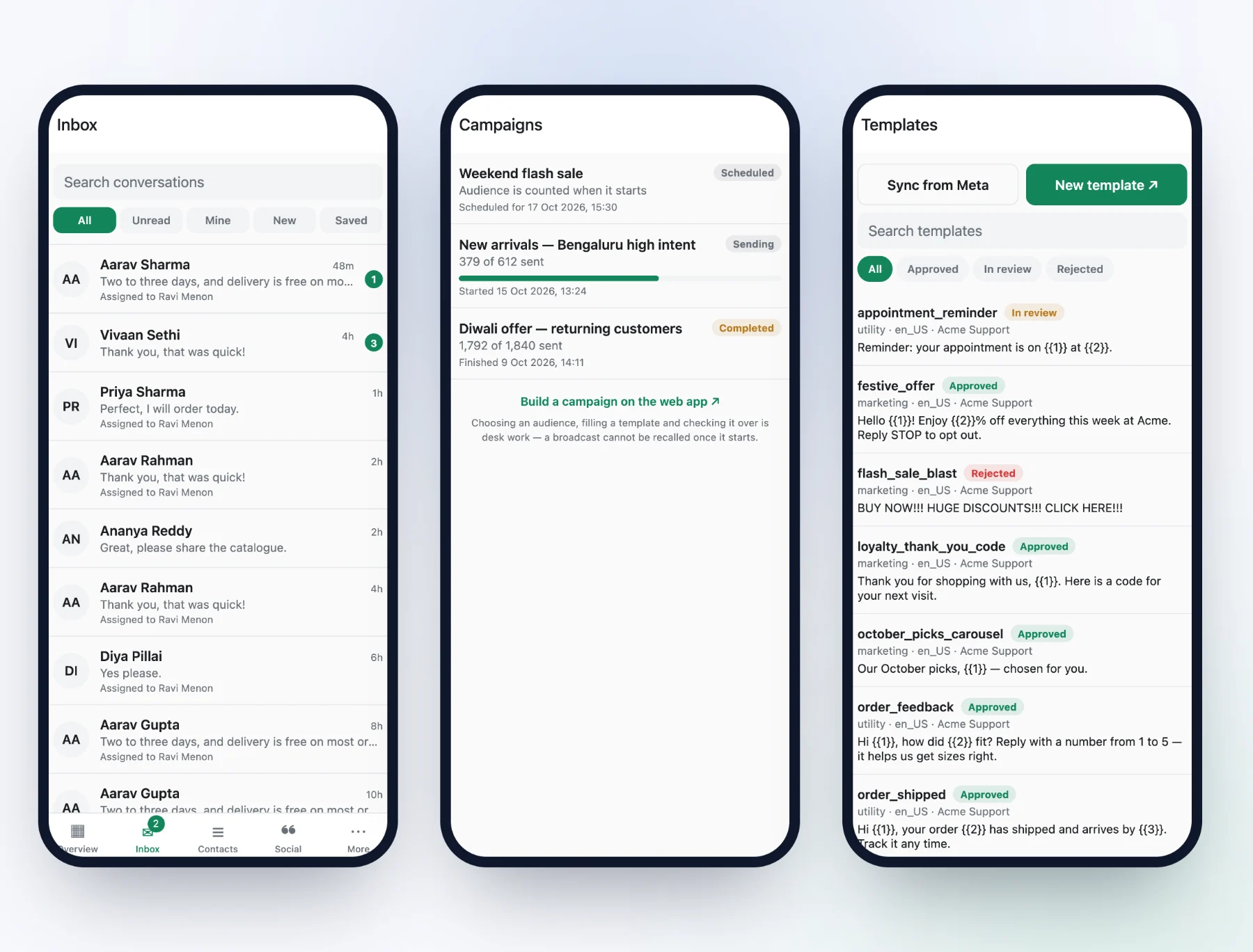 WabaCRM Android app screens in a demo workspace: an inbox with filters and unread badges, a campaign list with progress and a link to build on the web, and templates with their approval status