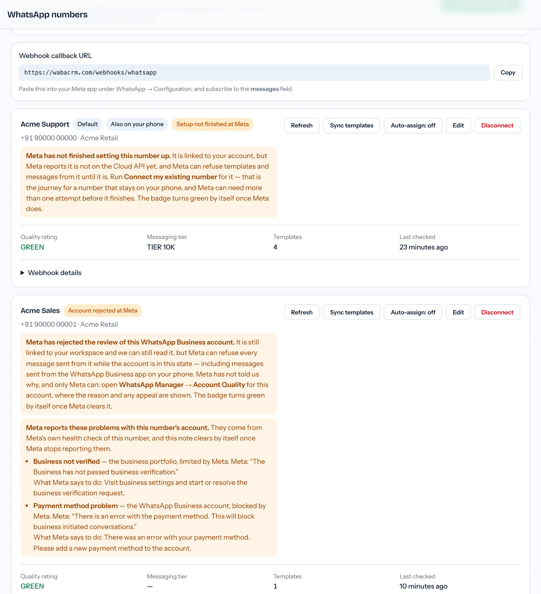 Two WhatsApp number cards in the Acme demo workspace: Acme Support with an amber Setup not finished at Meta badge and note, and Acme Sales with an amber Account rejected at Meta badge above a list of problems Meta reports