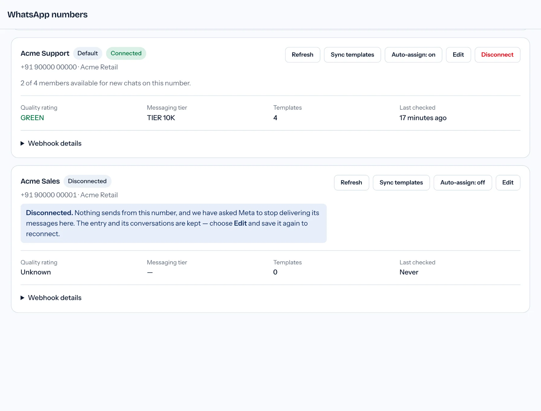 Two number cards in the Acme demo workspace: Acme Support with Auto-assign on and a line reading 2 of 4 members available for new chats on this number, and Acme Sales marked Disconnected with no Disconnect button
