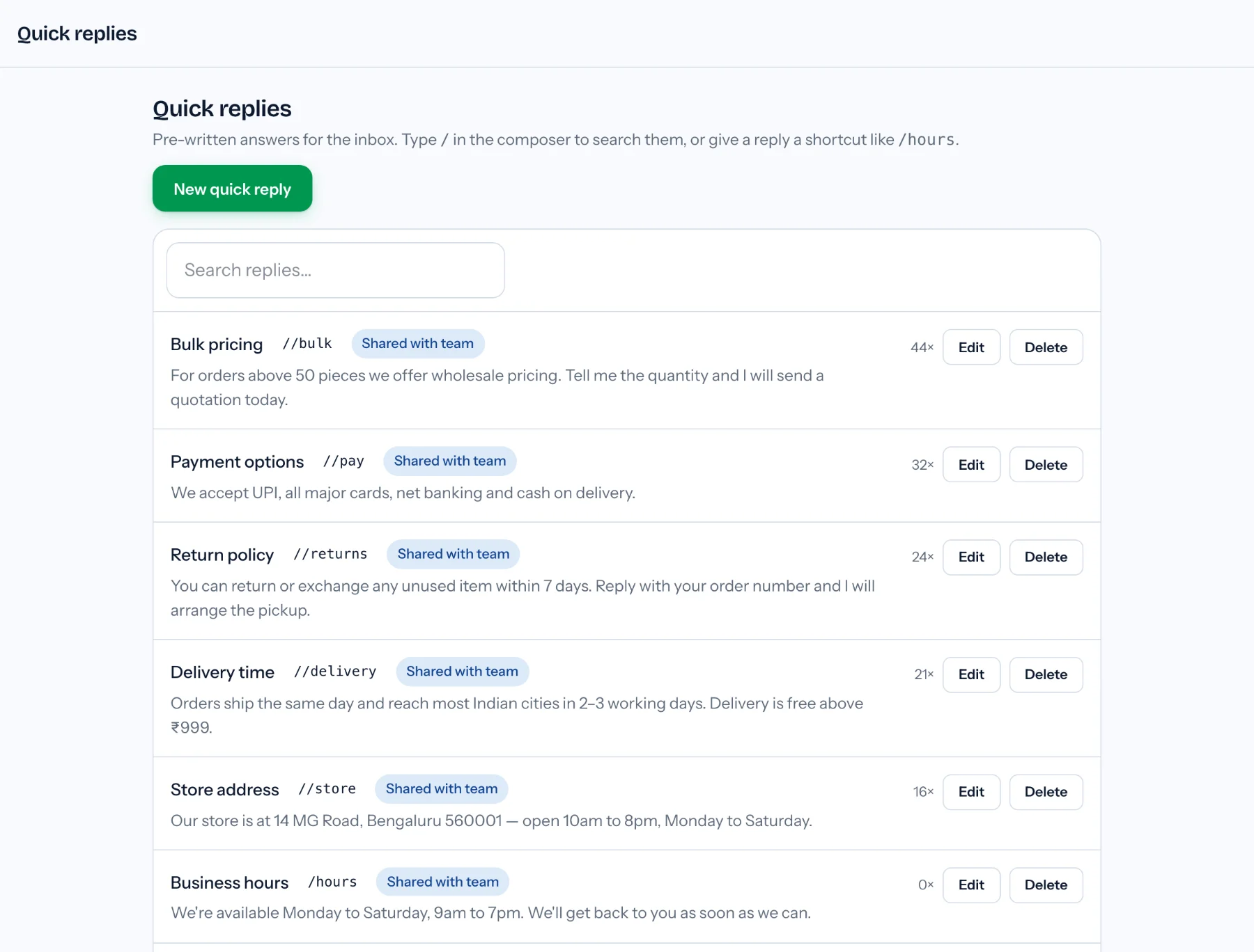 Saved quick replies in the Acme Retail demo shop, each with a slash shortcut, a Shared with team label, a usage count and Edit and Delete buttons