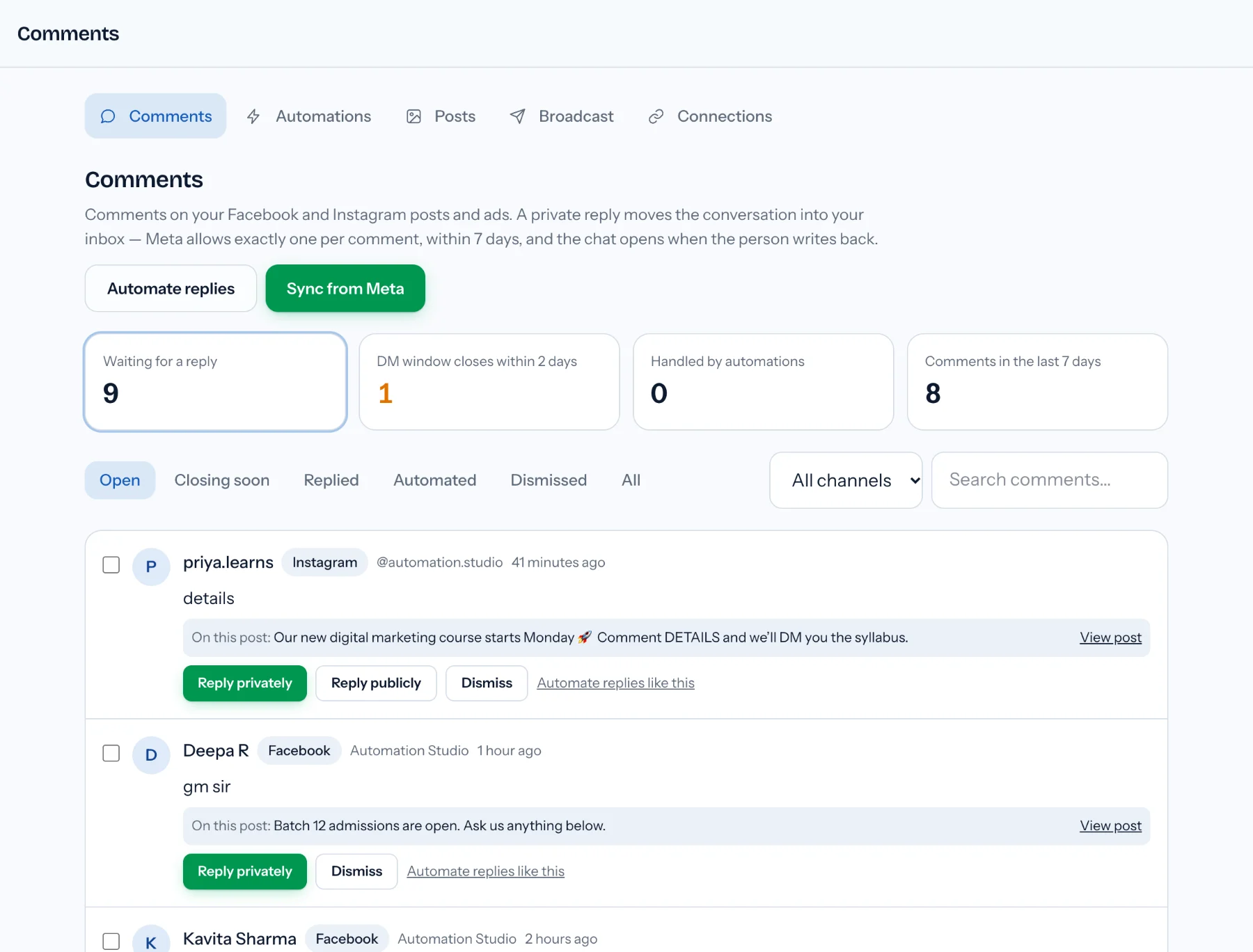 Comments screen with stat cards for comments waiting and DM windows closing within two days, an Instagram comment offering Reply publicly, and a Facebook comment offering only Reply privately and Dismiss