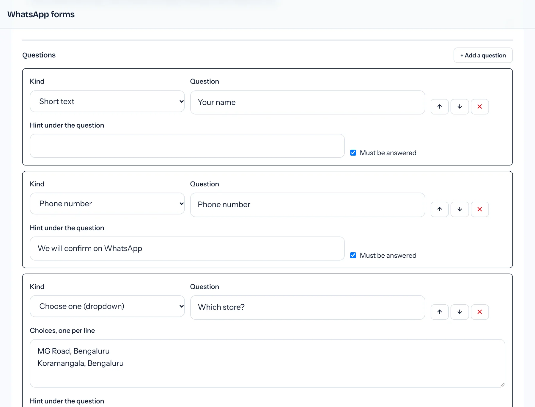 WabaCRM guided form builder in the demo workspace with three questions: a required short-text Your name, a required phone number hinted We will confirm on WhatsApp, and a Which store? dropdown with two Bengaluru choices