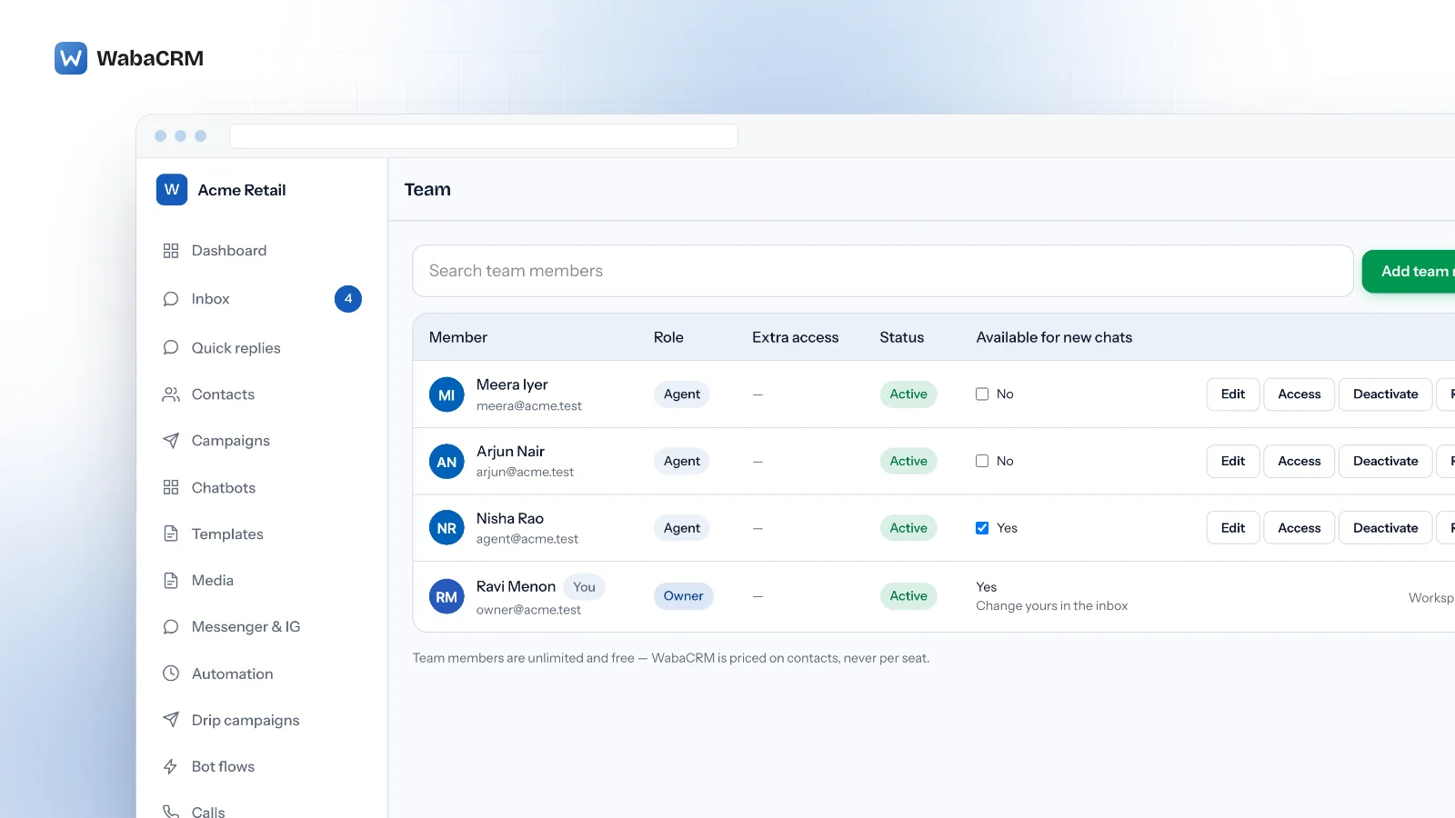 The Team screen of the Acme demo workspace listing members by role, extra access and status, with an Available for new chats column where one agent is ticked Yes, two newer members read No, and the owner's own row reads Yes with a note to change it in the inbox.