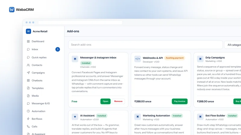 Add-ons screen in the Acme Retail demo workspace: Messenger & Instagram Inbox marked Installed and Free with a green Open button and a Remove button in red text, Webhooks & API with an amber Awaiting payment badge, its one-time price and a green Pay invoice button, and Drip Campaigns with its one-time price and its green Buy & install button cut off at the right edge, above AI Assistant, Marketing Automation and Bot Flow Builder marked Installed