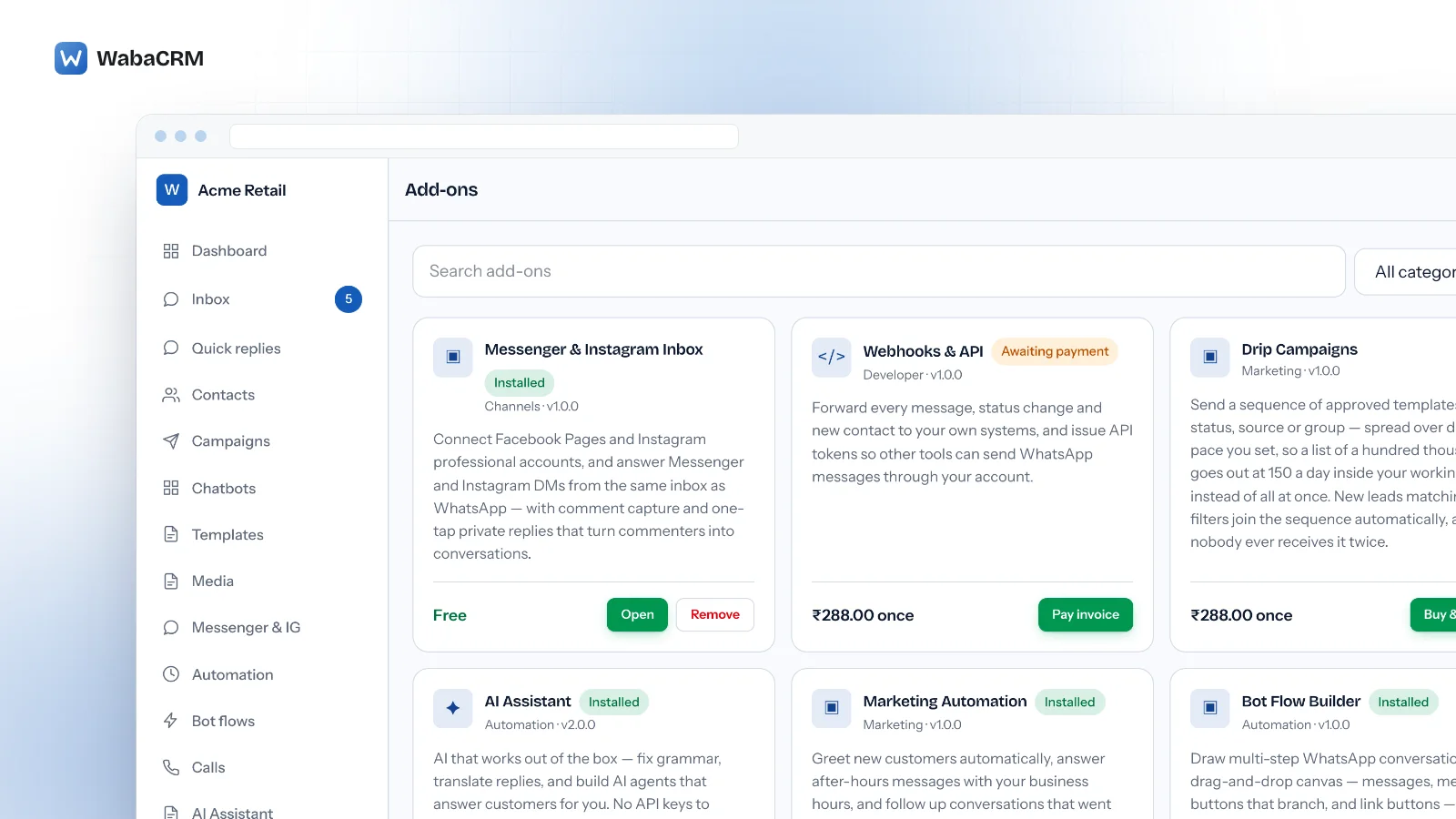 Add-ons screen in the Acme Retail demo workspace: Messenger & Instagram Inbox marked Installed and Free with a green Open button and a Remove button in red text, Webhooks & API with an amber Awaiting payment badge, ₹288.00 once and a green Pay invoice button, and Drip Campaigns at ₹288.00 once with its green Buy & install button cut off at the right edge, above AI Assistant, Marketing Automation and Bot Flow Builder marked Installed