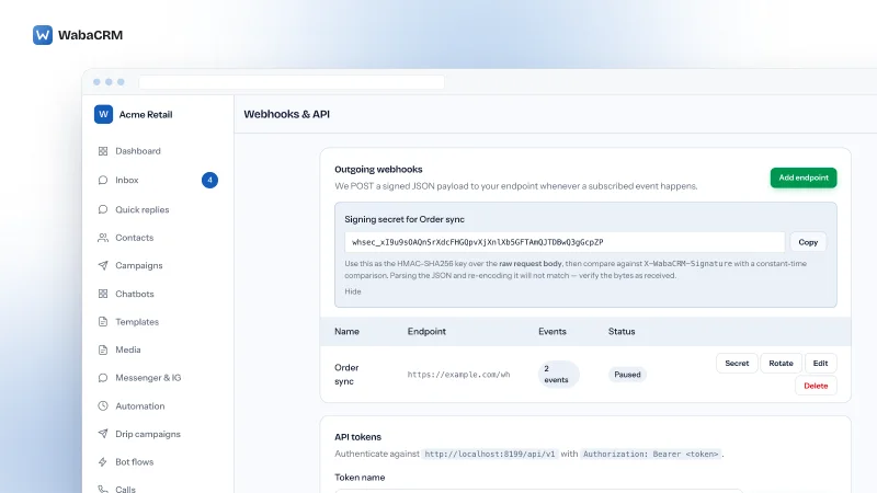 The Webhooks & API screen of a demo workspace, with the signing secret panel for an endpoint named Order sync open above the endpoint table, showing a demo secret with Copy and Hide, and the Order sync row marked Paused beside its Secret, Rotate, Edit and Delete buttons.