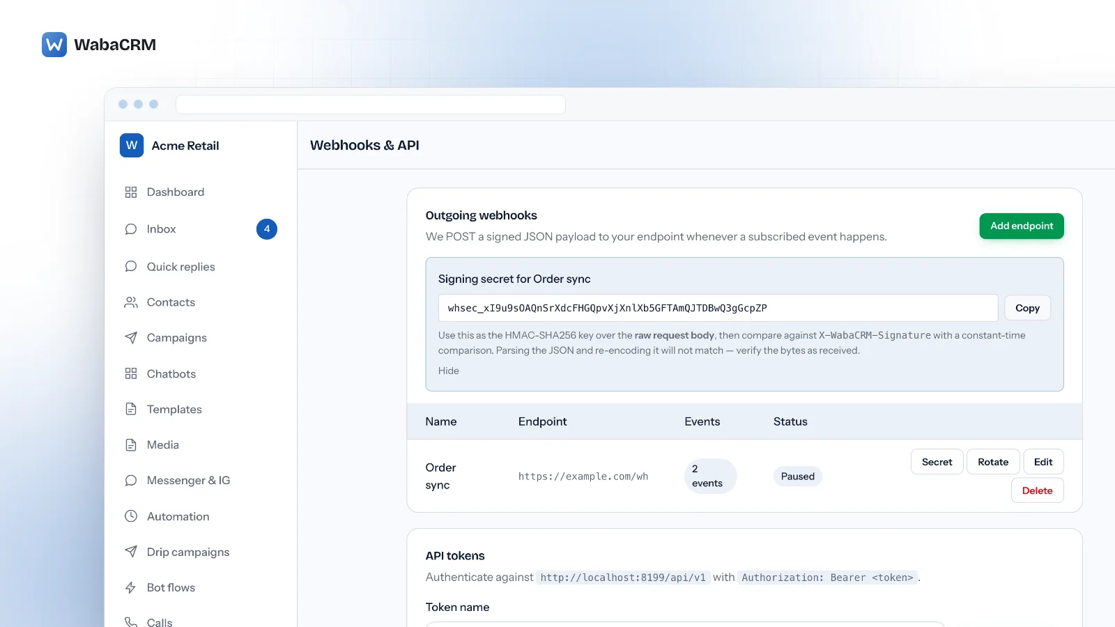 The Webhooks & API screen of a demo workspace, with the signing secret panel for an endpoint named Order sync open above the endpoint table, showing a demo secret with Copy and Hide, and the Order sync row marked Paused beside its Secret, Rotate, Edit and Delete buttons.