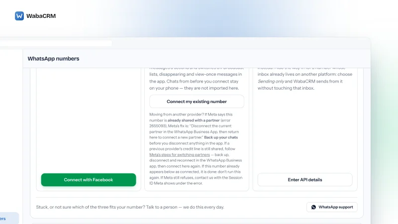 WhatsApp numbers screen offering three ways to connect: a green Connect with Facebook button, a Connect my existing number card quoting Meta's partner-switch advice, and an Enter API details option, above a connected demo number showing a GREEN quality rating, TIER 10K messaging tier and four templates.
