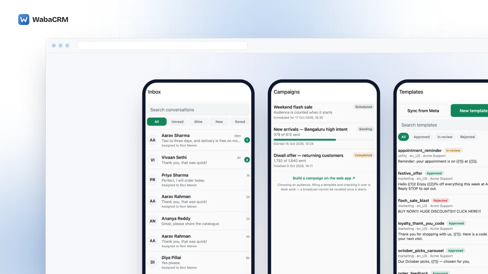 Three screens of the WabaCRM Android app drawn at phone size in a seeded demo workspace: an inbox with All, Unread, Mine, New and Saved filters and unread counts, a campaign list with scheduled, sending and completed broadcasts, and a template list showing each template's approval status, category and text.