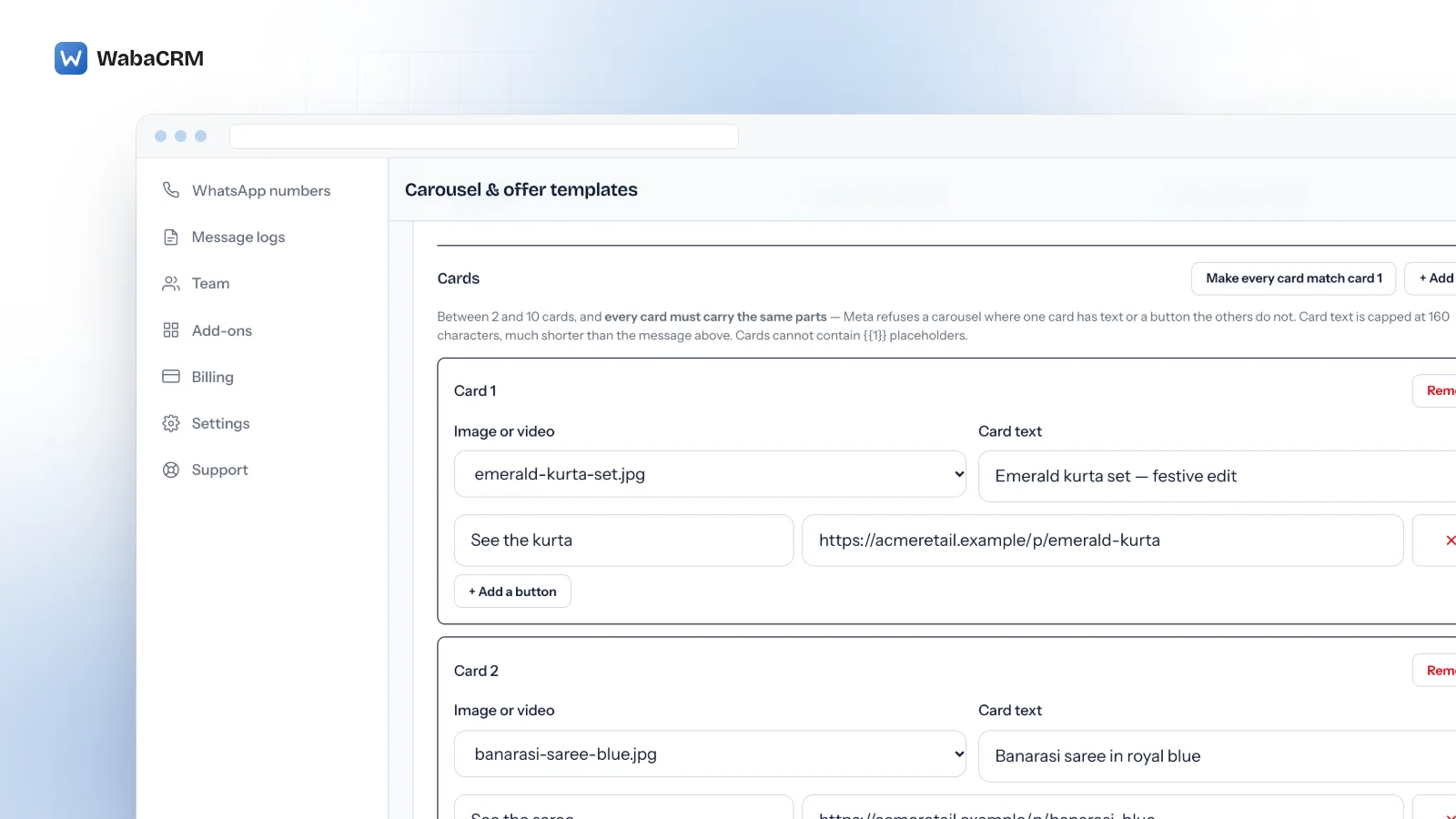 WabaCRM's carousel builder in a seeded demo workspace, scrolled to Cards: the rules for two to ten matching cards with text up to 160 characters and no placeholders, then three cards, each with a picture from the media library, its card text and a link button.