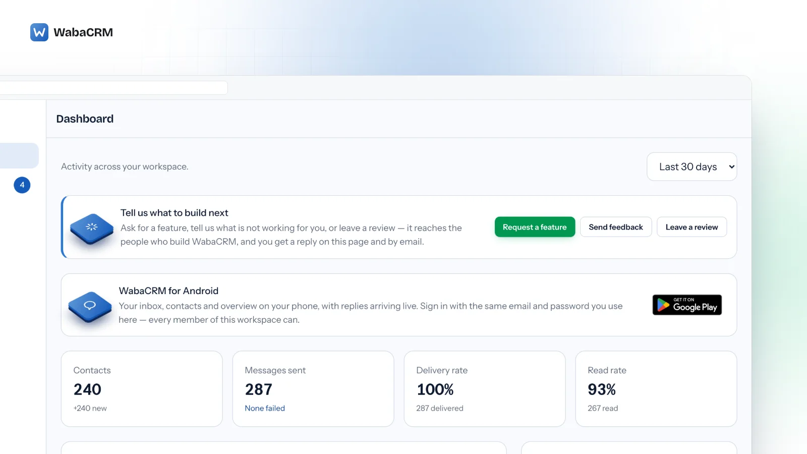 Dashboard of the Acme Retail demo workspace showing cards for contacts, messages sent with none failed, delivery rate and read rate, a message volume chart of sent and received bars, and a list of recent chats.