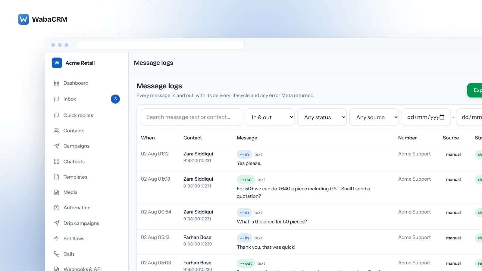 Message logs screen listing inbound and outbound WhatsApp messages with timestamps, contact names and numbers, direction chips, message text, the sending number, a source column and per-row delivery statuses, above filters for search, direction, status, source and a date range, with an Export CSV button.