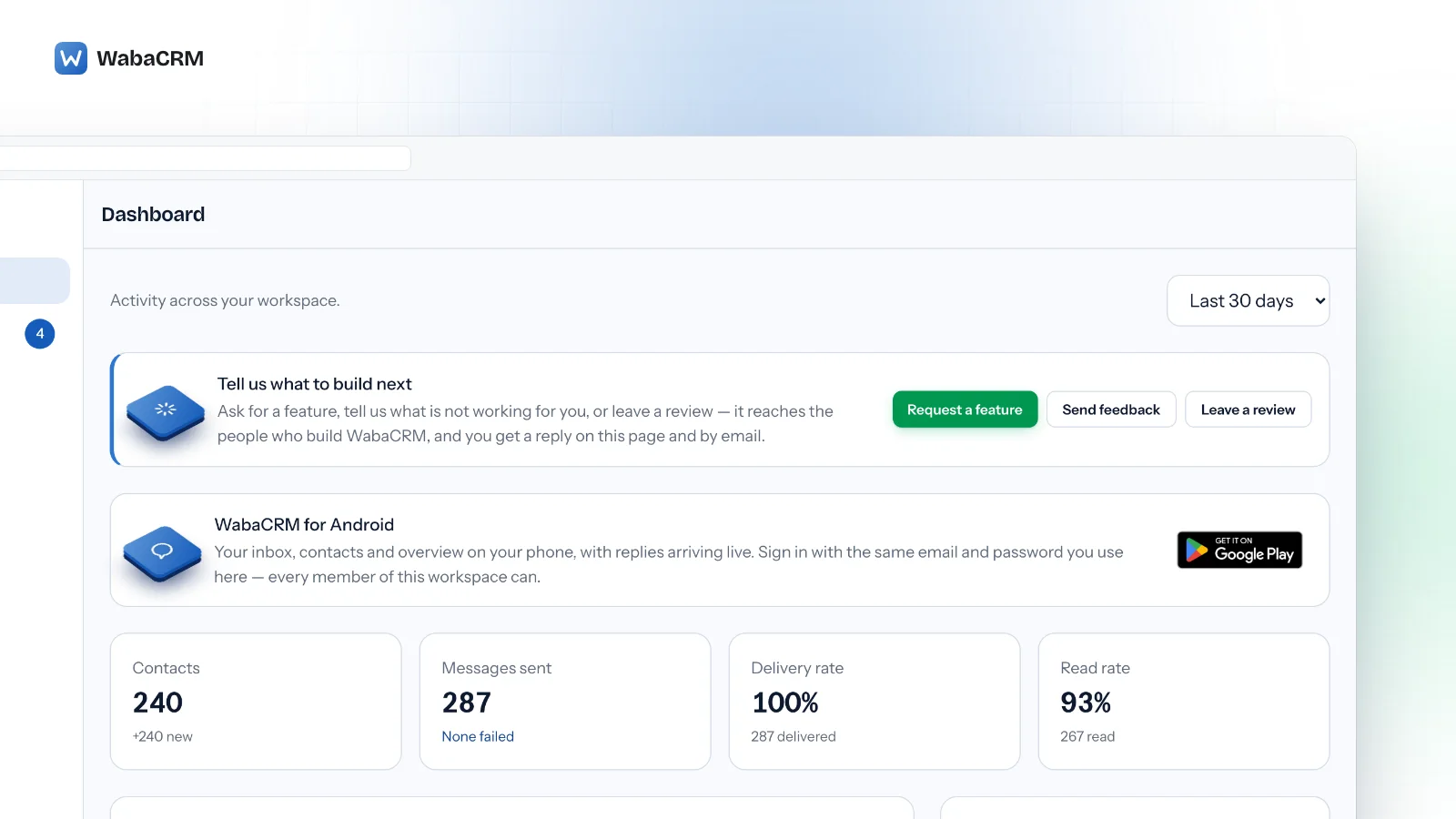 Dashboard for the Acme Retail demo workspace showing contact, message, delivery and read-rate summary cards above a stacked sent-and-received message volume chart, with a recent chats list carrying unread badges and a thirty-day reporting range selector.