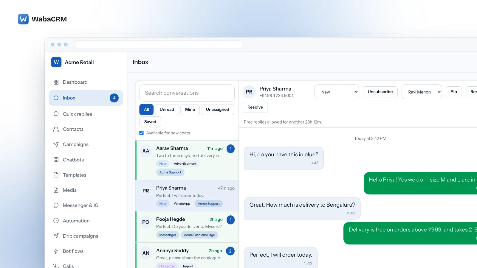 Shared team inbox with a conversation list showing unread counts, channel and status tags beside an open WhatsApp thread, green outbound replies with delivery ticks, a banner counting down the free-reply window, and header controls to assign, pin, set a reminder and resolve the chat.