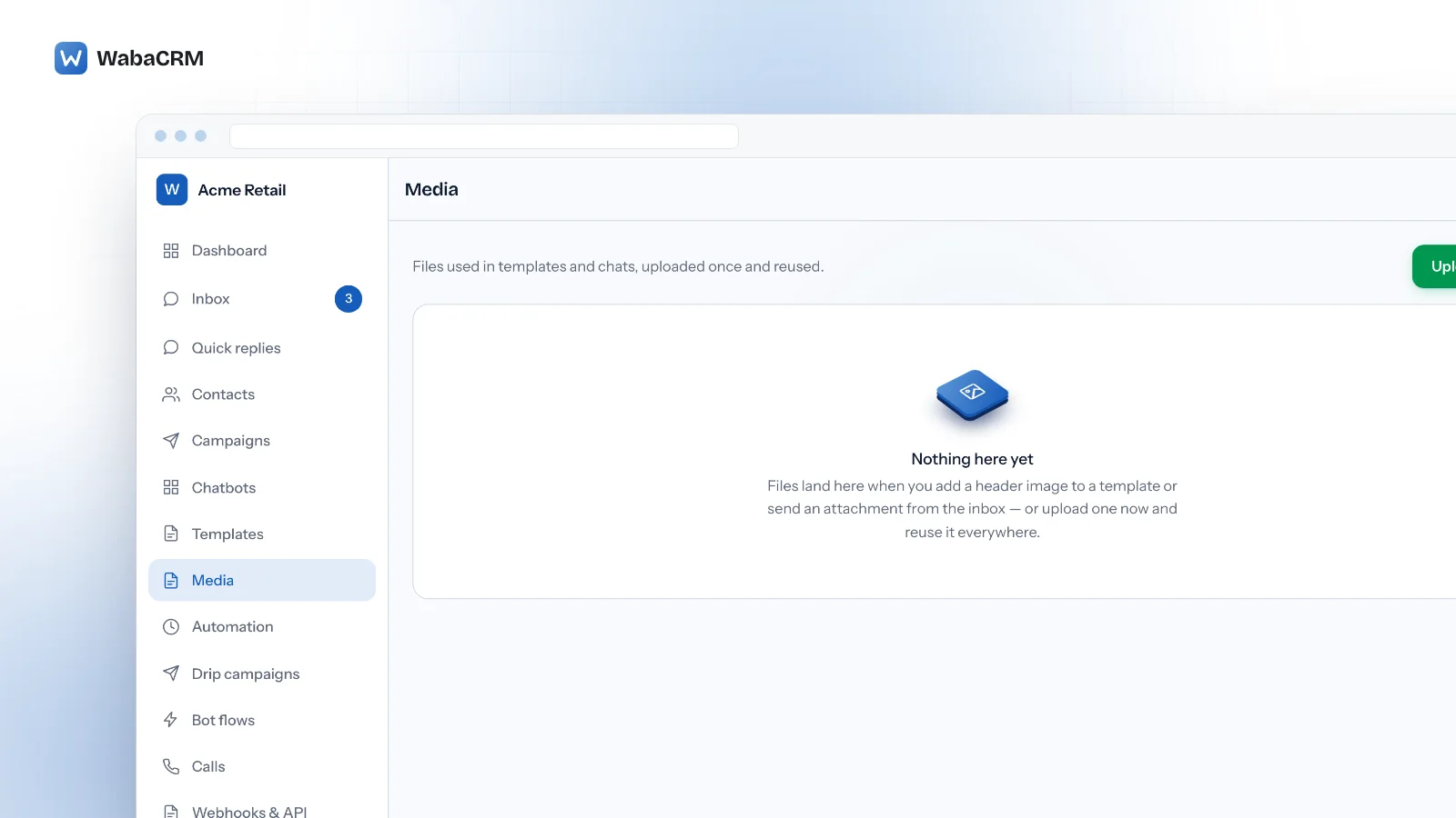 Media library screen for the Acme Retail demo workspace with a green Upload files button, a note that files used in templates and chats are uploaded once and reused, and an empty state inviting the first upload.