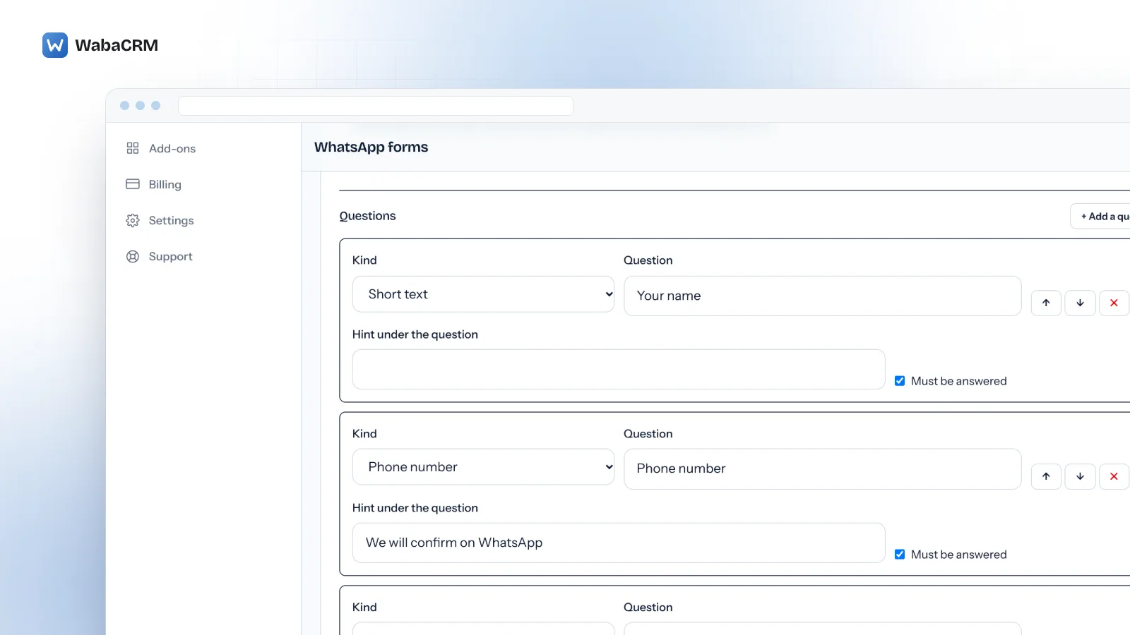 The WhatsApp forms builder in WabaCRM's demo workspace, open at its Questions section beside an Add a question button. Three question cards show a kind, the question and a hint box with move and remove controls: Your name, Phone number, and a Which store? dropdown listing two Bengaluru stores.