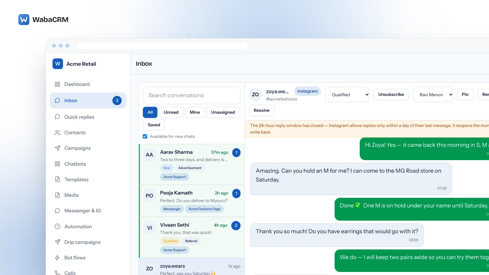 WabaCRM's shared inbox in a demo workspace, with an Instagram DM from zoya.wears open under an amber notice that the 24-hour reply window has closed, beside a conversation list where WhatsApp, Messenger and Instagram threads each carry a channel chip.