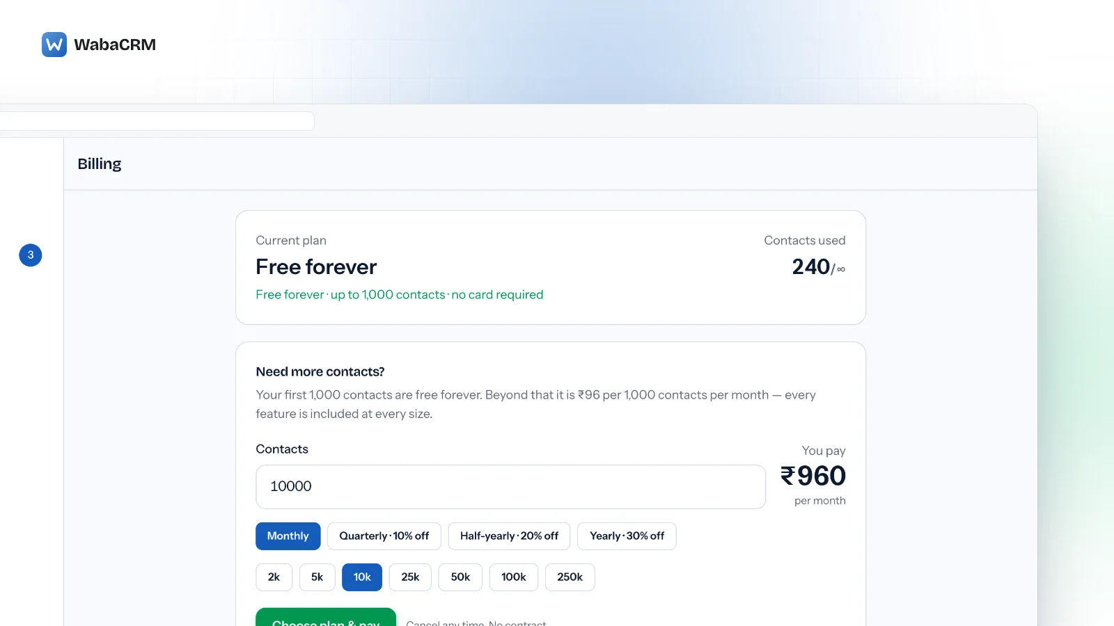 The WabaCRM billing screen showing a contact-based plan slider, the monthly platform price, and a panel that separates the platform fee from Meta's own per-message charges, which are billed by Meta rather than through WabaCRM.