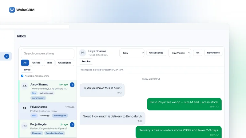 Demo inbox with a Search conversations box, All, Unread, Mine, Unassigned and Saved tabs, an Available for new chats checkbox, a list of customer chats with unread counts and status and source labels, and an open thread with sent and received messages below Assign, Pin, Remind me and Resolve controls.