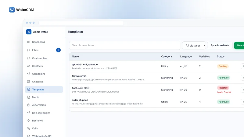 Templates screen in the Acme Retail demo workspace listing four templates with their category, language, variable count and status: appointment_reminder and order_shipped as Utility, festive_offer and flash_sale_blast as Marketing, beside Sync from Meta and New template buttons.