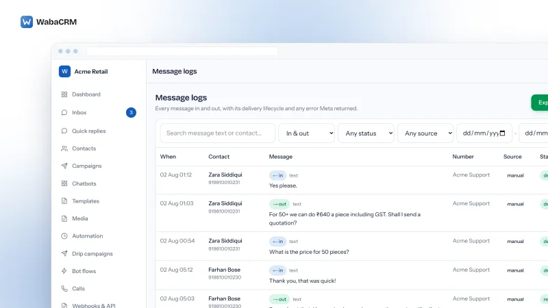 Message logs screen in a demo workspace listing inbound and outbound text messages with the time, contact, message text, sending number, source and a delivered or read status, under search, direction, status, source and date filters beside an Export CSV button