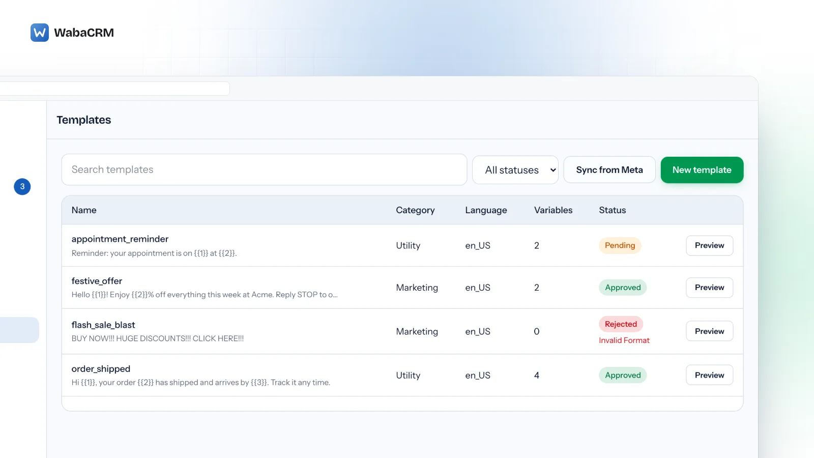 Templates screen in a demo workspace listing four templates with their body text, category, language, variable count and status, including two approved templates, one pending, and a flash_sale_blast template marked Rejected with Invalid Format written beneath it