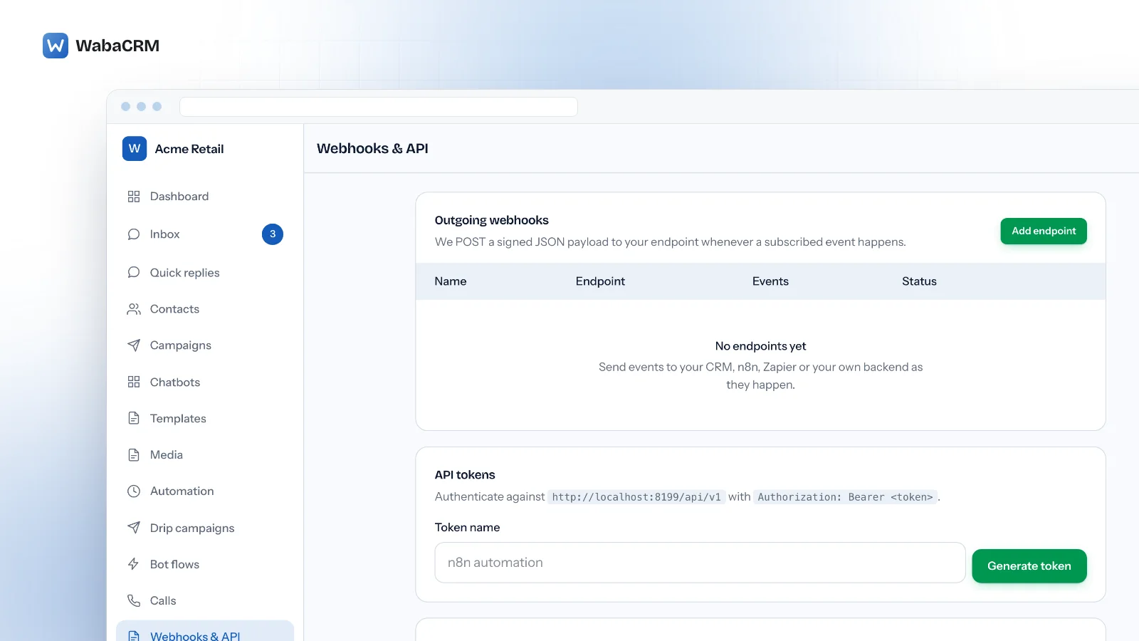 Webhooks and API screen with an outgoing webhooks panel and its green Add endpoint button, an empty endpoint table, an API tokens card offering a Generate token control, and a list of available REST endpoints for contacts and conversations