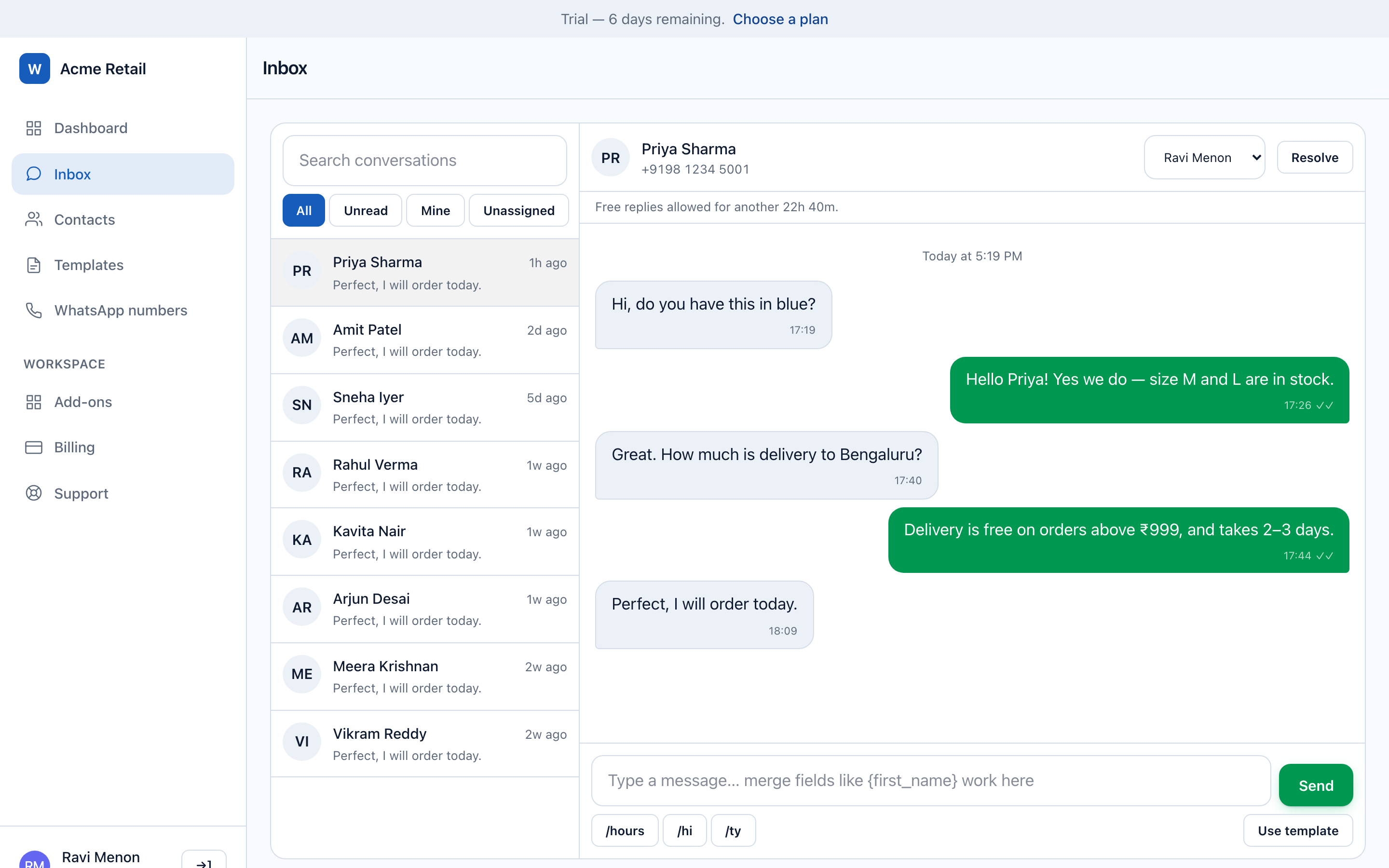 Shared inbox showing a customer conversation with delivery receipts and the reply-window banner.