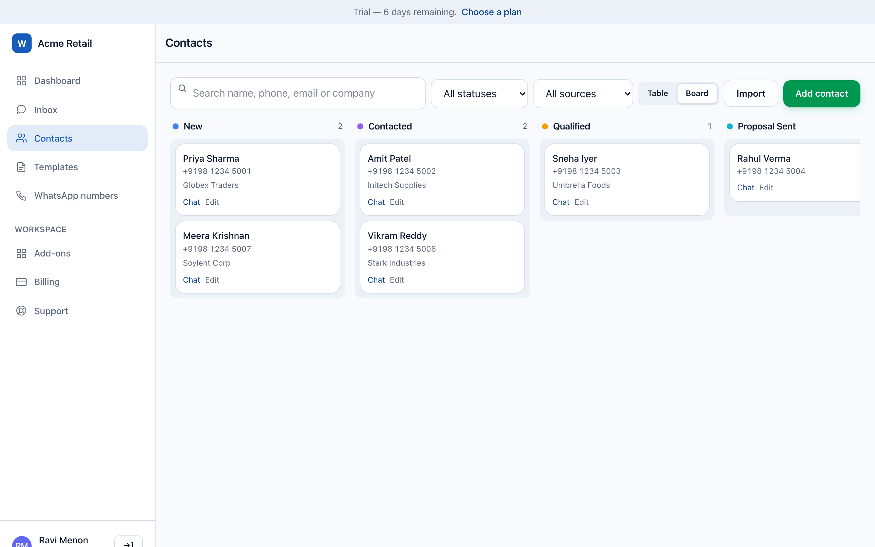 Contacts Kanban board with leads arranged in New, Contacted and Qualified columns.