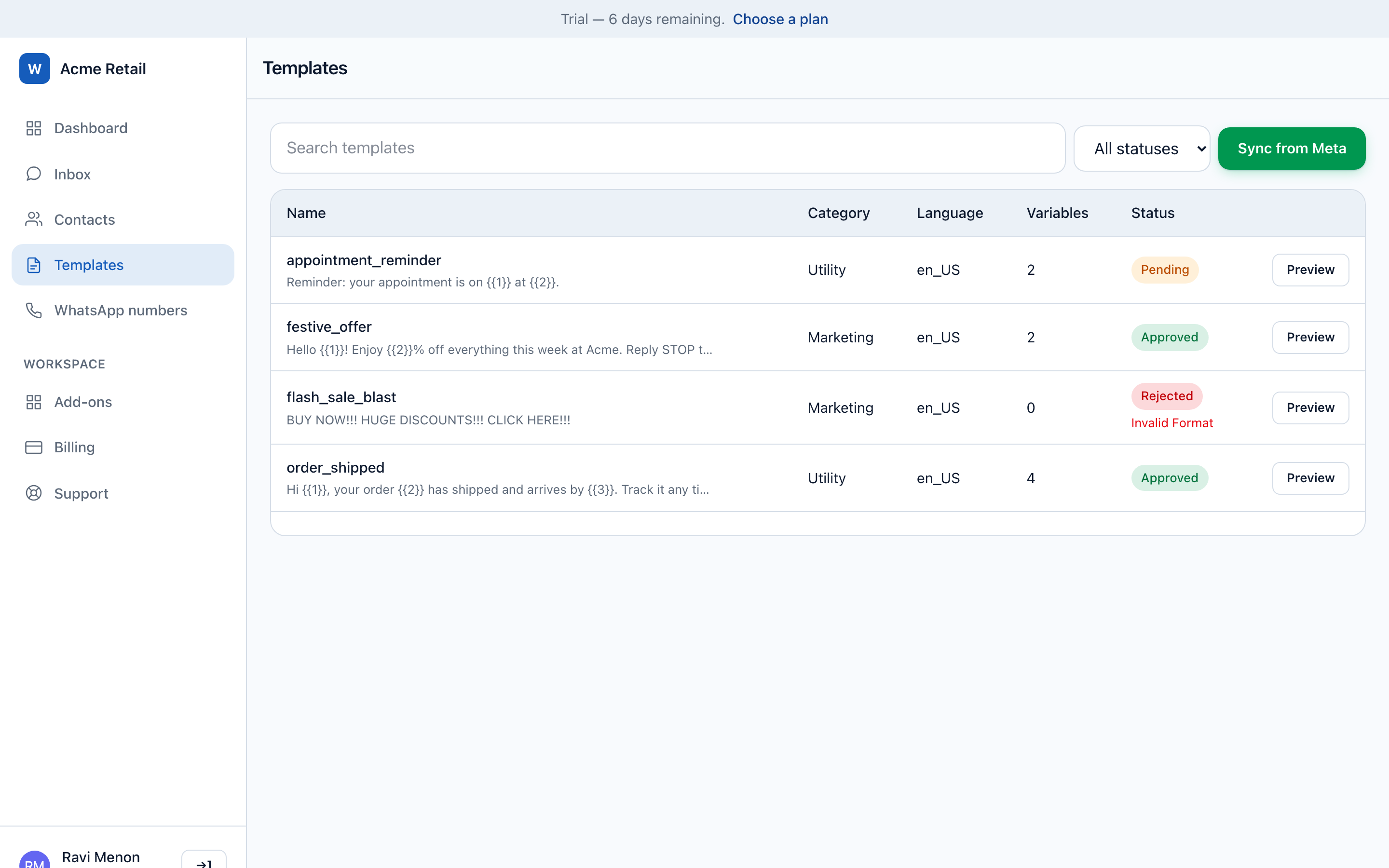 Template library showing approved, pending and rejected WhatsApp message templates.